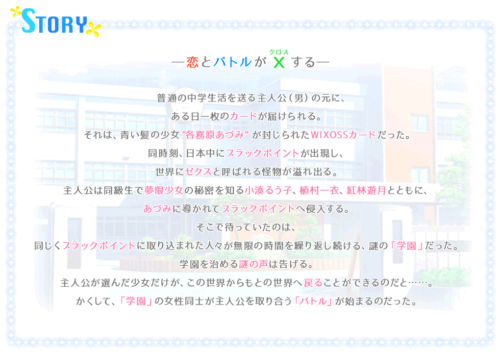 ―恋とバトルがX（ルビ：クロス）する―　普通の中学生活を送る主人公（男）の元に、ある日一枚のカードが届けられる。それは、青い髪の少女”各務原あづみ”が封じられたWIXOSSカードだった。同時刻、日本中にブラックポイントが出現し、世界にゼクスと呼ばれる怪物が溢れ出る。主人公は同級生で無限少女の秘密を知る小湊るう子、上村一衣、紅林遊月とともに、あづみに導かれてブラックポイントへ侵入する。そこで待っていたのは、同じくブラックポイントに取り込まれた人々が無限の時間を繰り返し続ける、謎の「学園」だった。学園を治める謎の声は告げる。主人公が選んだ少女だけが、この世界からもとの世界へ戻ることができるのだと……。かくして、「学園」の女性同士が主人公を取り合う「バトル」が始まるのだった。