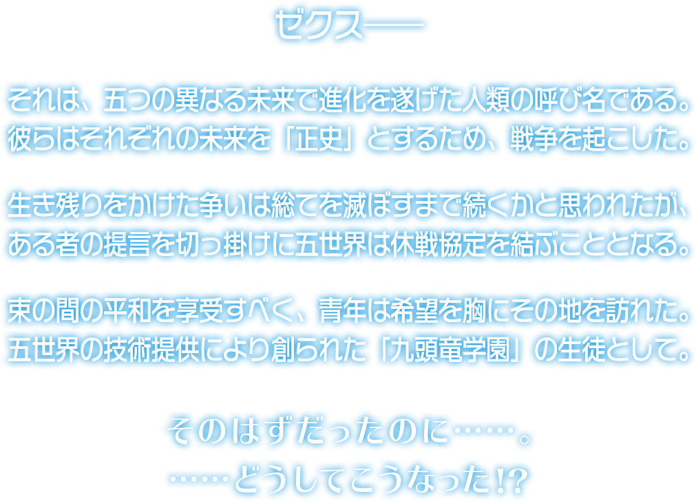 ゼクス――　それは、五つの異なる未来で進化を遂げた人類の呼び名である。彼らはそれぞれの未来を ｢正史」とするため、戦争を起こした。　生き残りをかけた争いは総てを滅ぼすまで続くかと思われたが、ある者の提言を切っ掛けに五世界は休戦協定を結ぶこととなる。　束の間の平和を享受すべく、青年は希望を胸にその地を訪れた。五世界の技術提供により創られた ｢九頭竜学園｣ の生徒として。　そのはずだったのに……。……どうしてこうなった!?